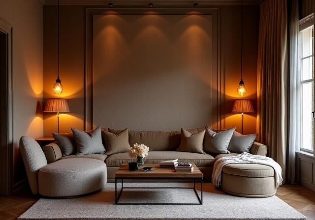 Salotto di una residenza privata con elegante carta da parati tessile di Spettro Pareti.