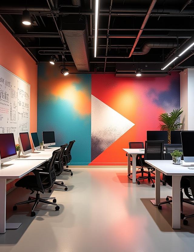 Ufficio creativo con una parete grafica personalizzata di Spettro Pareti.